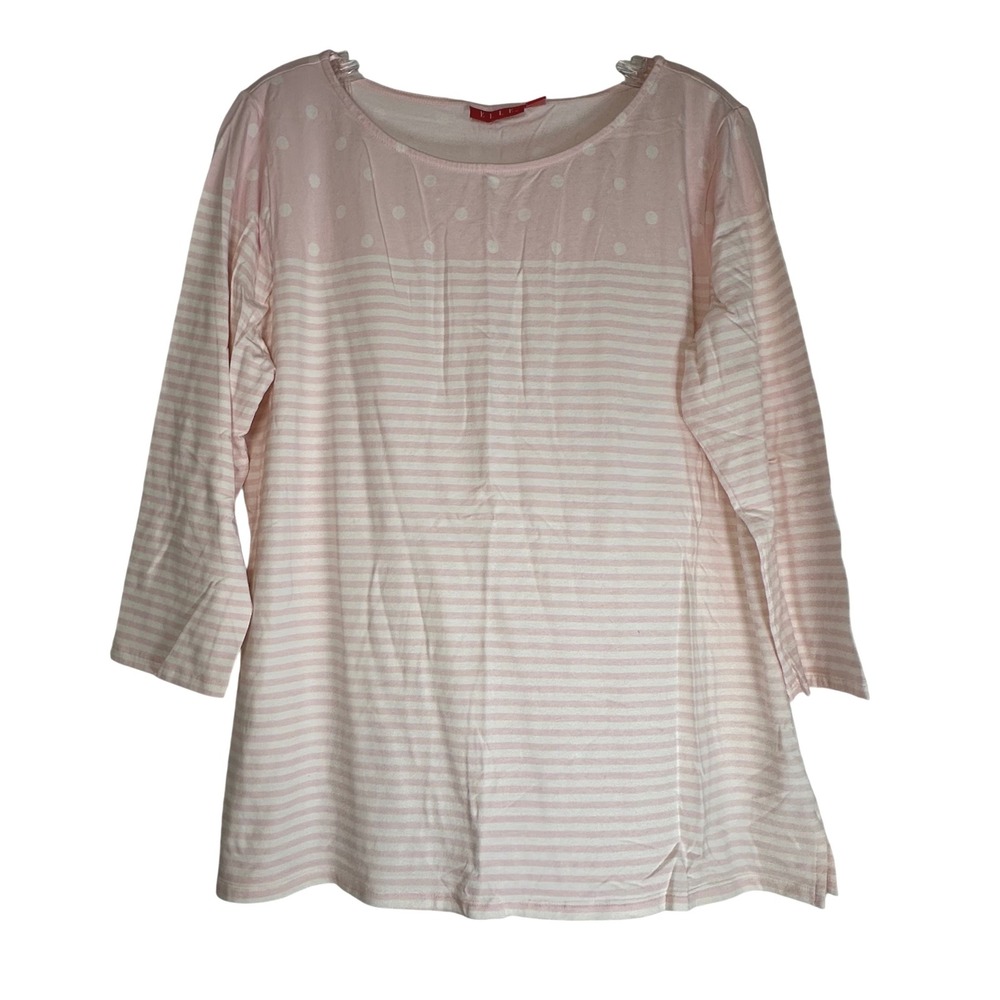 Elle Pink White Striped Polka Dot 3/4 Sleeve Top XL Cotton Modal Blend